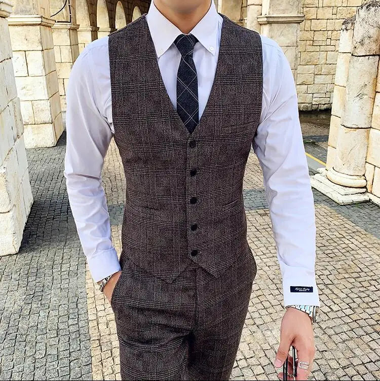 Coffee Brown Men Striped Plaid 3-Piece, Dark Blue Wedding Party Slim Fit Blazers Jacket and Vest with Pants, Asian Size M-5XL