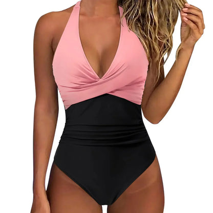 2026 New Wrinkled Halter V Neck One Piece Swimsuit Women Swimwear Female Monokini Backless Bathing Suit Swim Beachwear Bodysuit
