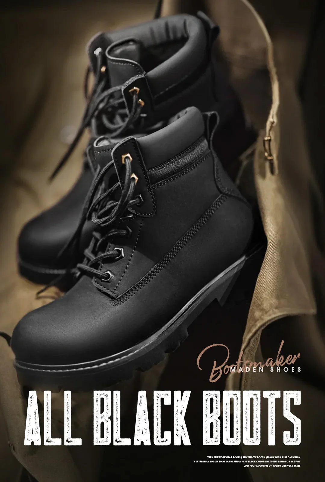 Men's Versatile Black Boots Plush Lining Warmth Shoes Retro Non-Slip Thick Sole Work Boots Outdoor Casual Mid-Calf Boots