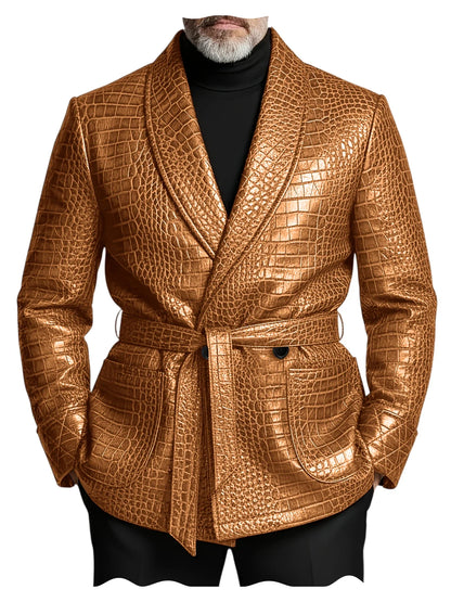 Men's Crocodile Pattern Leather Blazer Double Breasted Belted Shawl Collar Jacket Business Formal Party Wedding Casual Wear
