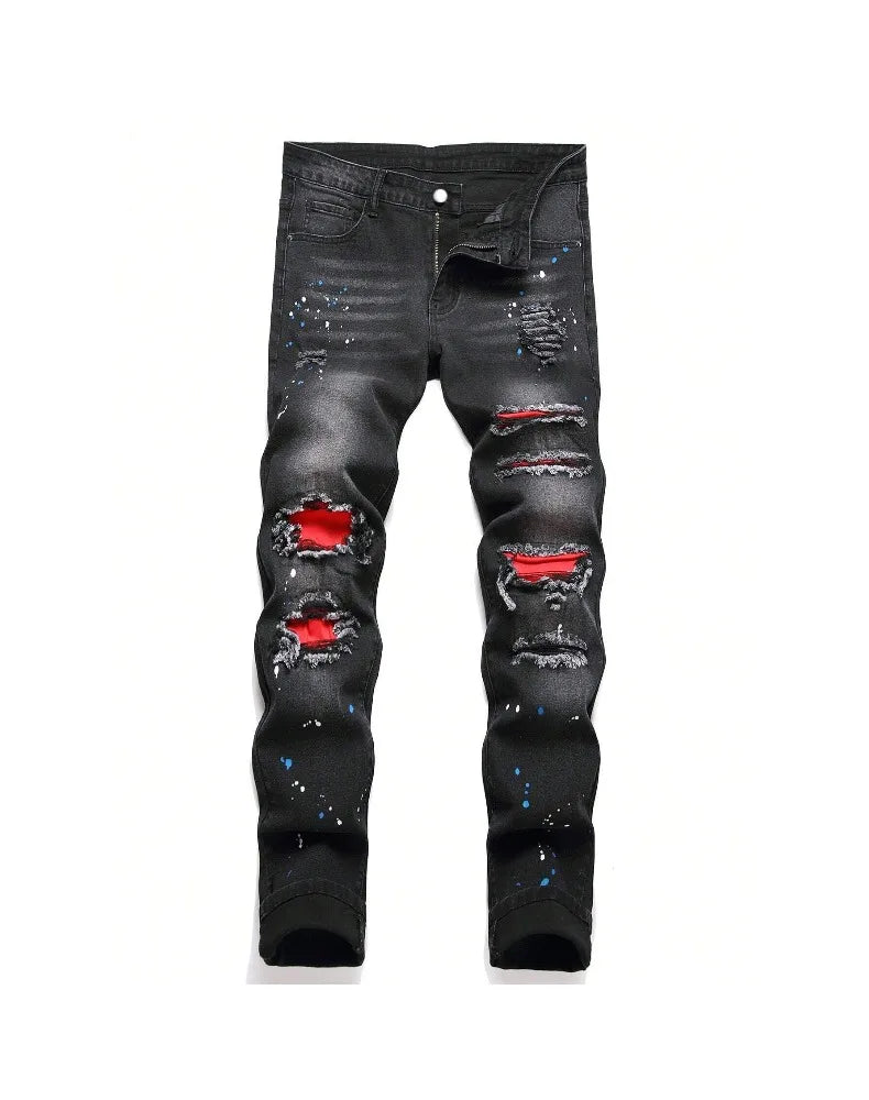 2025 Autumn New Stretch Jeans Fashionable Ripped Patchwork Slim European American Pants Male Paint Dot Hip Hop Denim Trousers