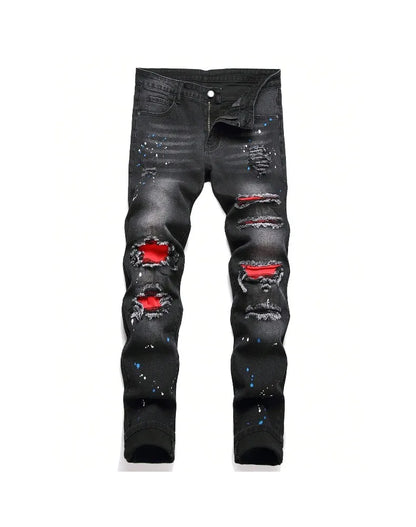 2025 Autumn New Stretch Jeans Fashionable Ripped Patchwork Slim European American Pants Male Paint Dot Hip Hop Denim Trousers