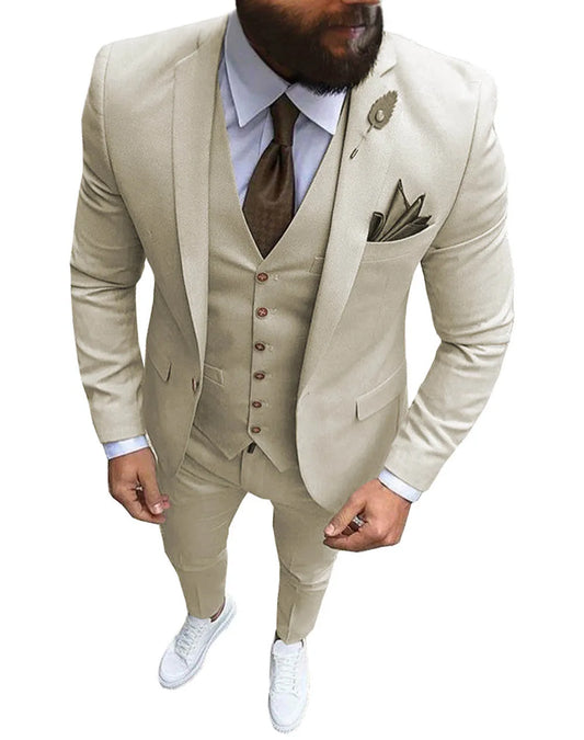 Khaki Men's Suits  Formal Business Notch Lapel Slim Fit Tuxedo Best Man Blazer For Wedding(Blazer+Vest+Pants)