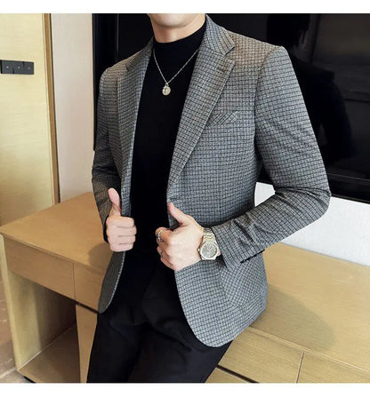 Men's Elegant Grid Suit Jacket 2026 Spring New Fashion Slim Blazer Jackets Social Prom Dress Jacket Men's High Quality Clothing