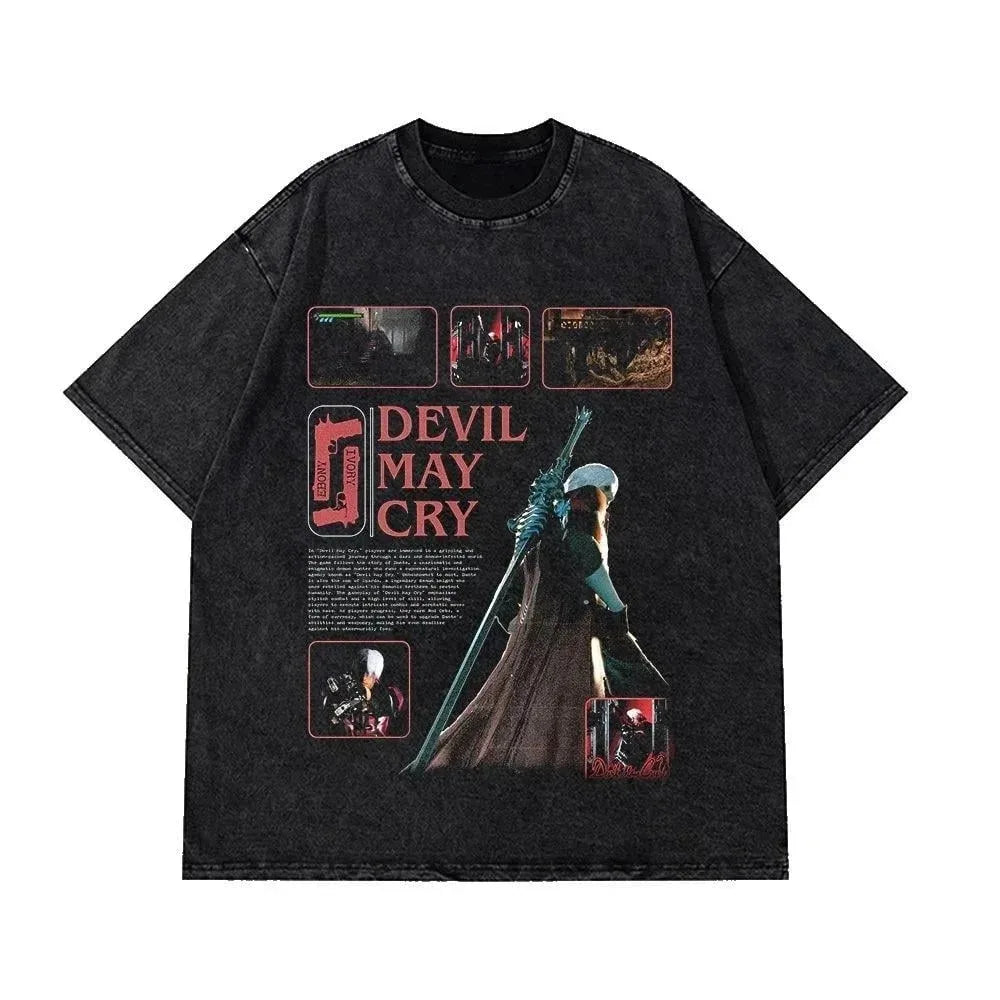 Devil May Cry 3 Dante Awakening Vintage Washed Tee, Double Sided Design, Front Dante Character Game Title Women And Men T-Shirt