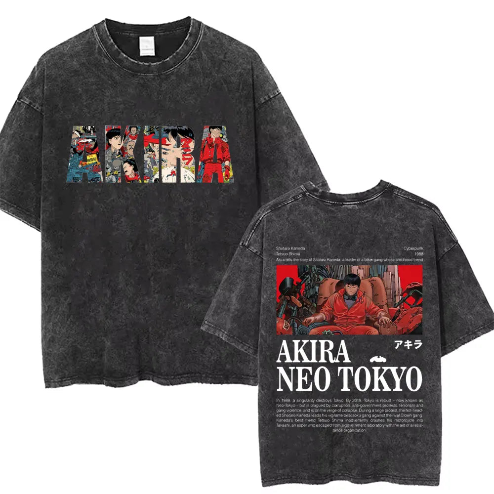 Washed Vintage Anime Akira T Shirts Japanese Science Fiction Cartoon Movie Shotaro Kaneda T-shirt Men's Manga Oversized T-shirts