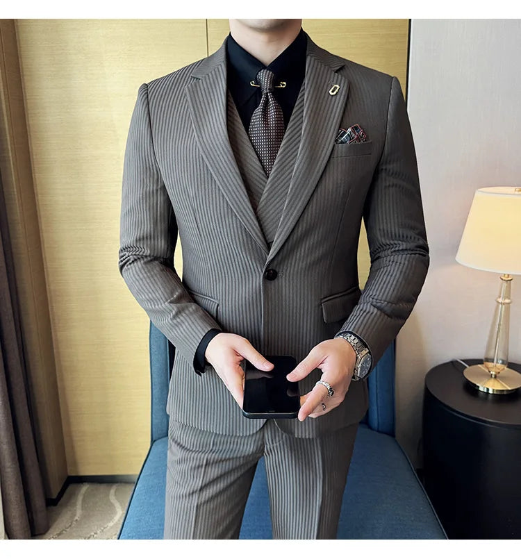 Luxury Stripe Men Suit Korean Version Fashion Elegant Slim Fit Tuxedo Formal Groom Wedding Social Suits