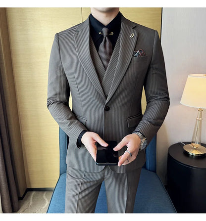 Luxury Stripe Men Suit Korean Version Fashion Elegant Slim Fit Tuxedo Formal Groom Wedding Social Suits