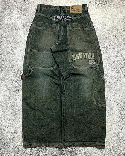 American New Fashion Oversized Pattern Printed Washed Jeans Men Y2K Gothic Rock Popular Casual Joker High Waist Wide Leg Pants
