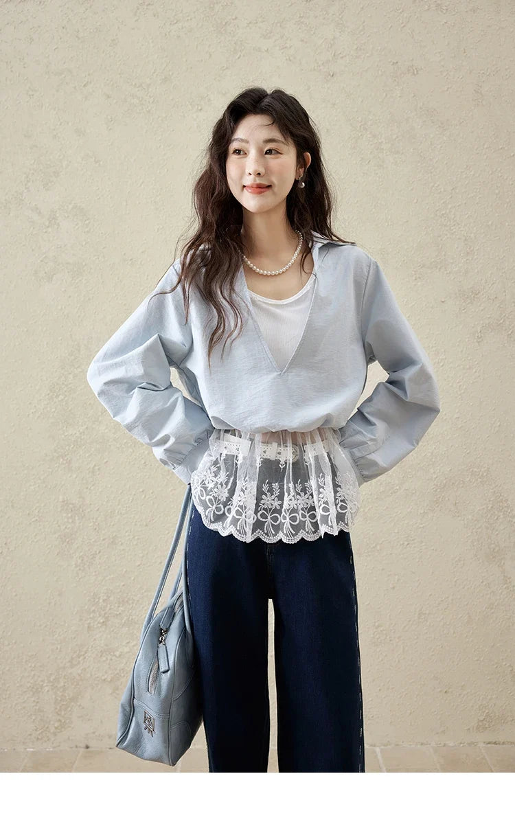 French Spring Shirts Women 2025 Long Sleeve Turn-down Collar Fake Two-piece Blouses Female Splicing Lace Tops MXE16C0783