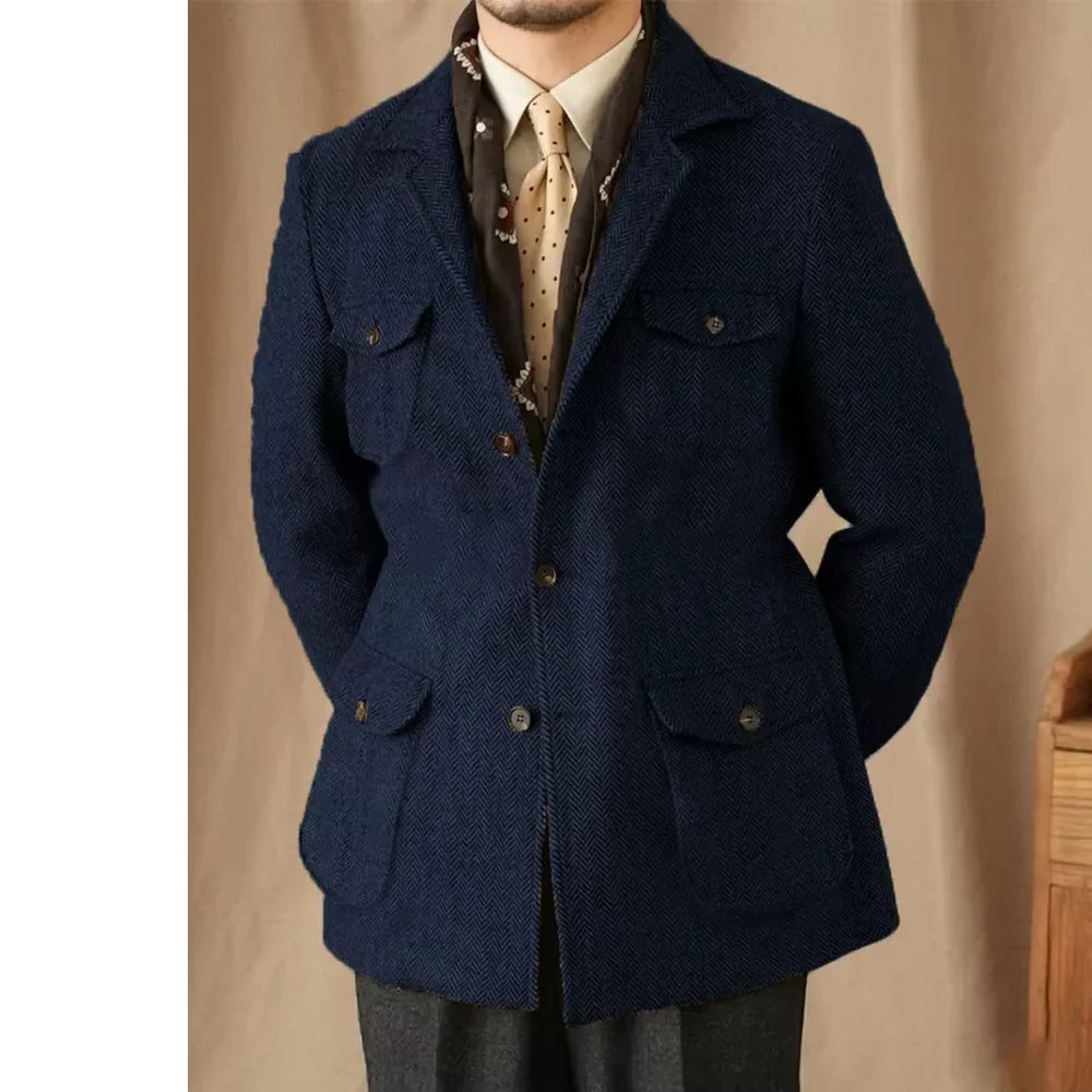 Hunting Multi-pocket Suit Jacket British Men's Retro Sport Coat With Belt Herringbone Business Causal Lapel Suit Blazers Tuxedos