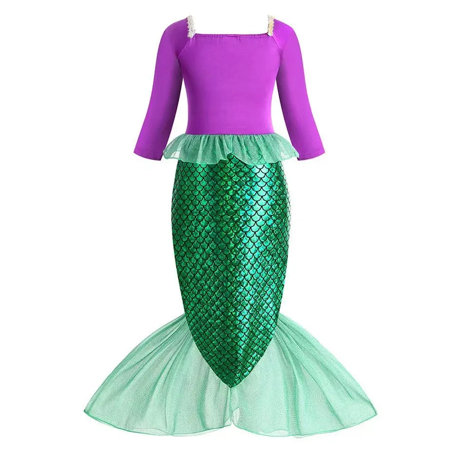 Christmas Holiday Birthday Party Mermaid Princess Same Style Girl Ariel Cosplay Long Sleeve Mermaid Dress Accessory Suit