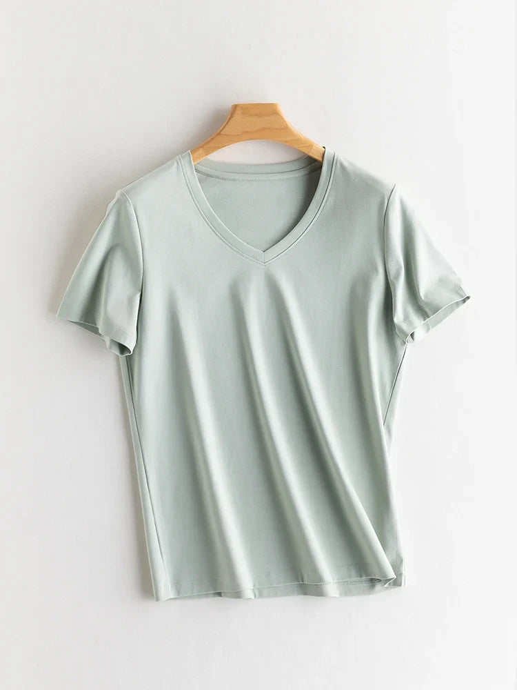 Women Solid T shirts, Silk Cotton Blend, O Neck, Short Sleeved Solid Tee,2025 Summer Candy Colors Basic Cozy Top Green