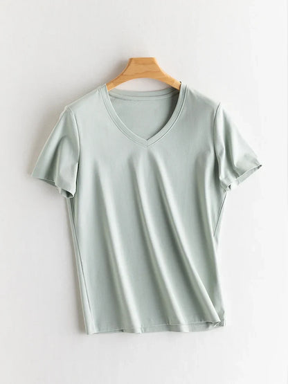 Women Solid T shirts, Silk Cotton Blend, O Neck, Short Sleeved Solid Tee,2025 Summer Candy Colors Basic Cozy Top Green