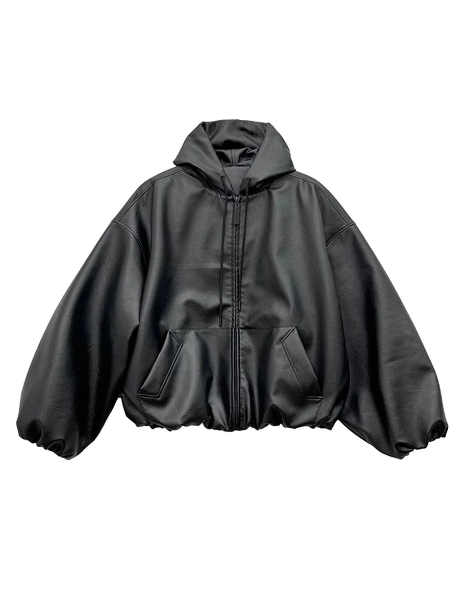 Spring Autumn Short Oversized Black Soft Pu Leather Jacket Men with Hood Zipper Loose Casual Korean Fashion Clothes
