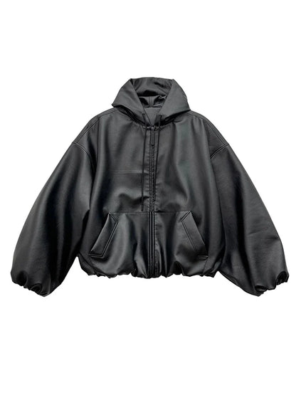 Spring Autumn Short Oversized Black Soft Pu Leather Jacket Men with Hood Zipper Loose Casual Korean Fashion Clothes