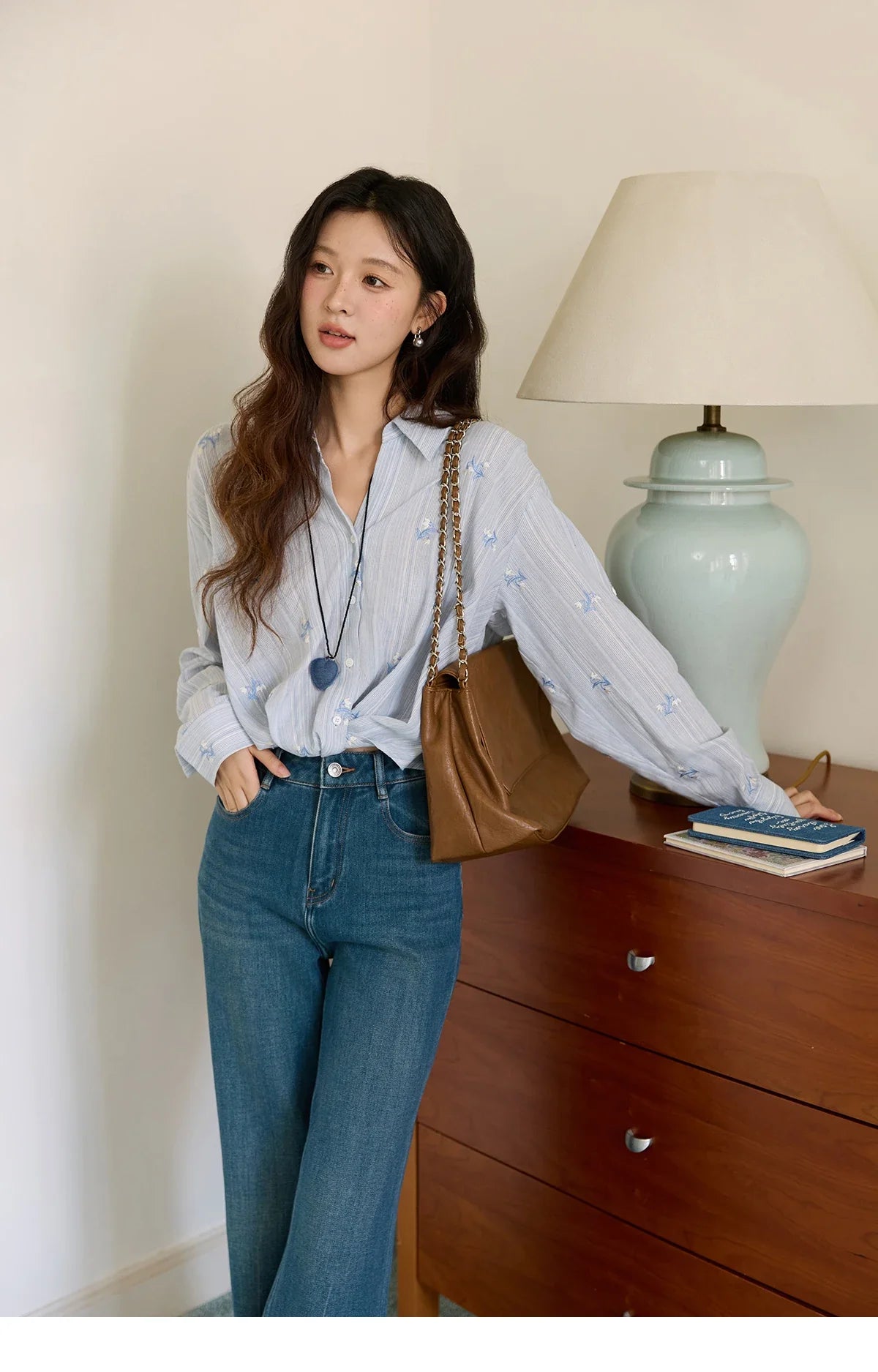Long Sleeve Shirts for Woman 2025 Autumn Retro Blue Single-breasted Blouse Floral Embroidery Casual Tops MXE45X2495
