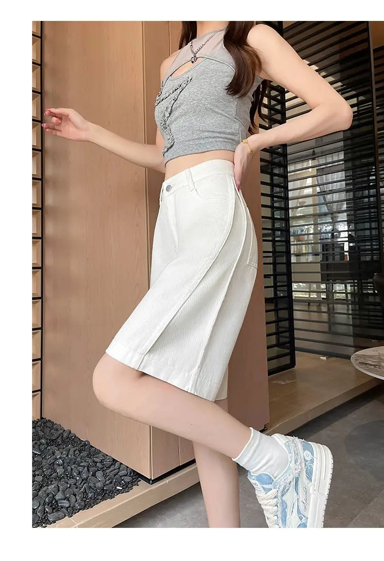 Women's 2026 Summer White Five-Point Denim Shorts Korean Y2K High Waist Loose Slimming Stretch Straight Leg Jeans