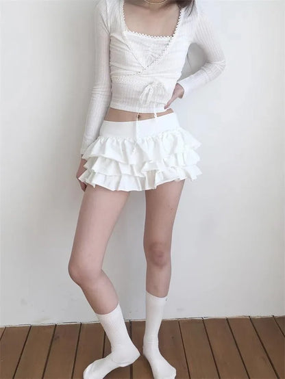 Y2k Lolita Mini Cake Skirt Soft Girl low Waist Ruffle Fluffy Fairy Skirts Summer Kawaii Cute Elegant Short Skirt Black