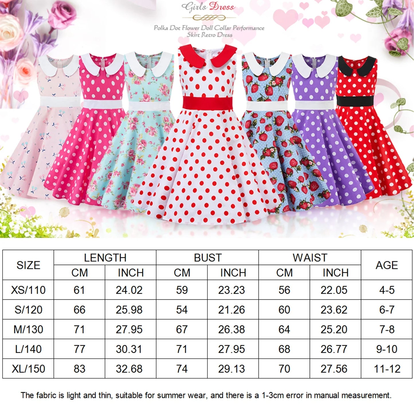 LPATTERN Girls' Vintage Rockabilly Dress Party Retro Polka Dot Floral Pattern A-line Dresses Pleated Skirt Knee-Length for 4-10Y