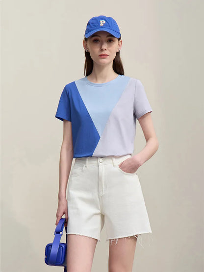 O-Neck Women's T-Shirt 2026 Summer New Stretch Cotton Tee Color Block Versatile Casual Straight Short Sleeve Tops 12622177