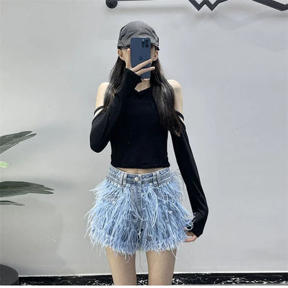 Summer Street Hot Girls Short Jeans Female Chic Feather Diamond Denim Shorts Women Retro Washed Hot Pants Sexy Night Club Shorts