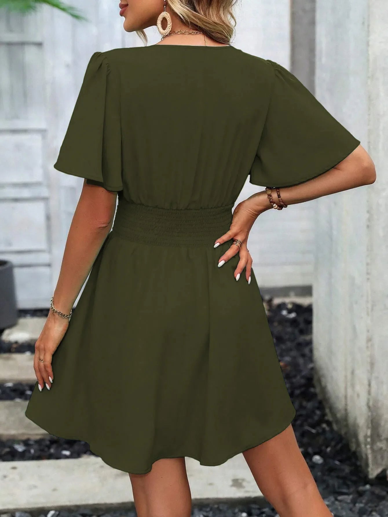 2025 New Summer Deep V-Neck Smocked Ruffled Sleeves Bodycon Dress Women French Retro Style Solid Color Short Long Midi Maxi Dres
