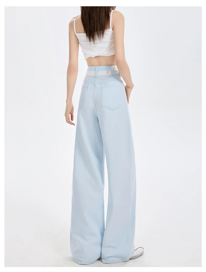 Loose Casual Wide Leg Denim Pants Summer New Thin 100% Cotton Women's High Waist Y2K Contrast Stitching All Match Baggy Jeans
