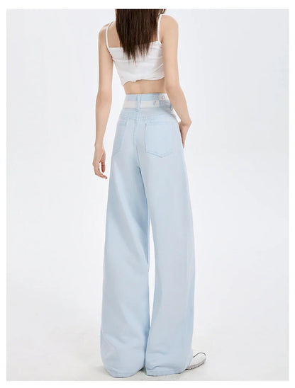 Loose Casual Wide Leg Denim Pants Summer New Thin 100% Cotton Women's High Waist Y2K Contrast Stitching All Match Baggy Jeans