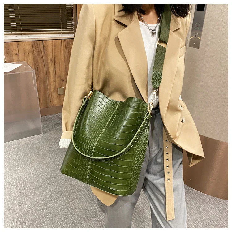 Women Bag Vintage Crocodile Pattern Crossbody Bags for Women PU Leather Trend Designer Shoulder Handbags Large Capacity Bucket