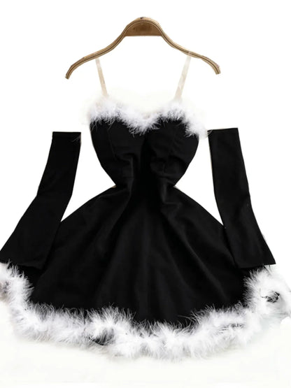 Women's Christmas Dress Sexy Low-cut Waist Thin Big Pendulum Fluffy Splicing Suspender Tube Ling Dress Red