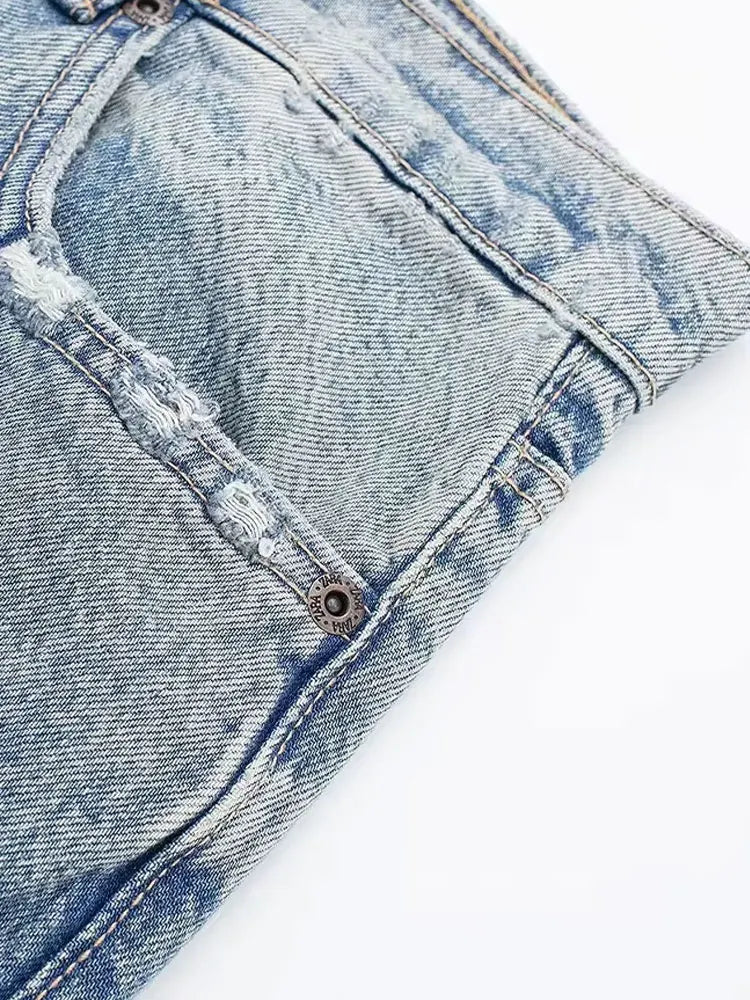 2024 Women's Street Fashion Denim Blue Jeans Distressed Patchwork High Waist Zipper Fly Ripped Retro Long Pants