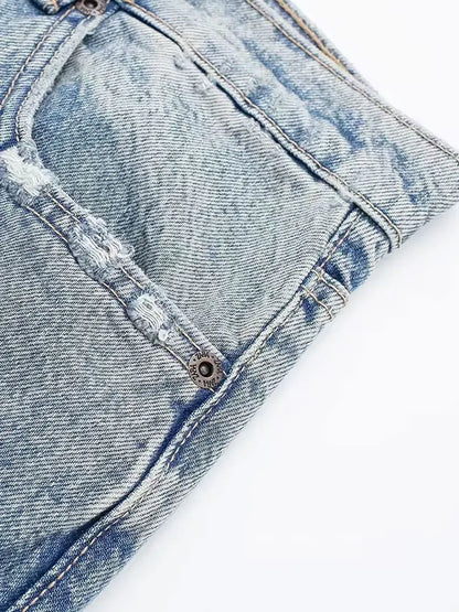 2024 Women's Street Fashion Denim Blue Jeans Distressed Patchwork High Waist Zipper Fly Ripped Retro Long Pants