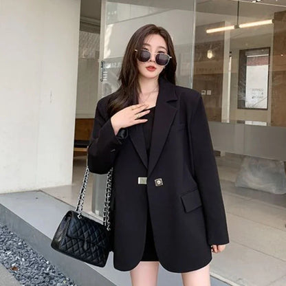 Long Women's Blazers Loose Jacket Dress Clothing Female Coats and Jackets Solid Over Black Youthful Woman Clothes New Outerwear