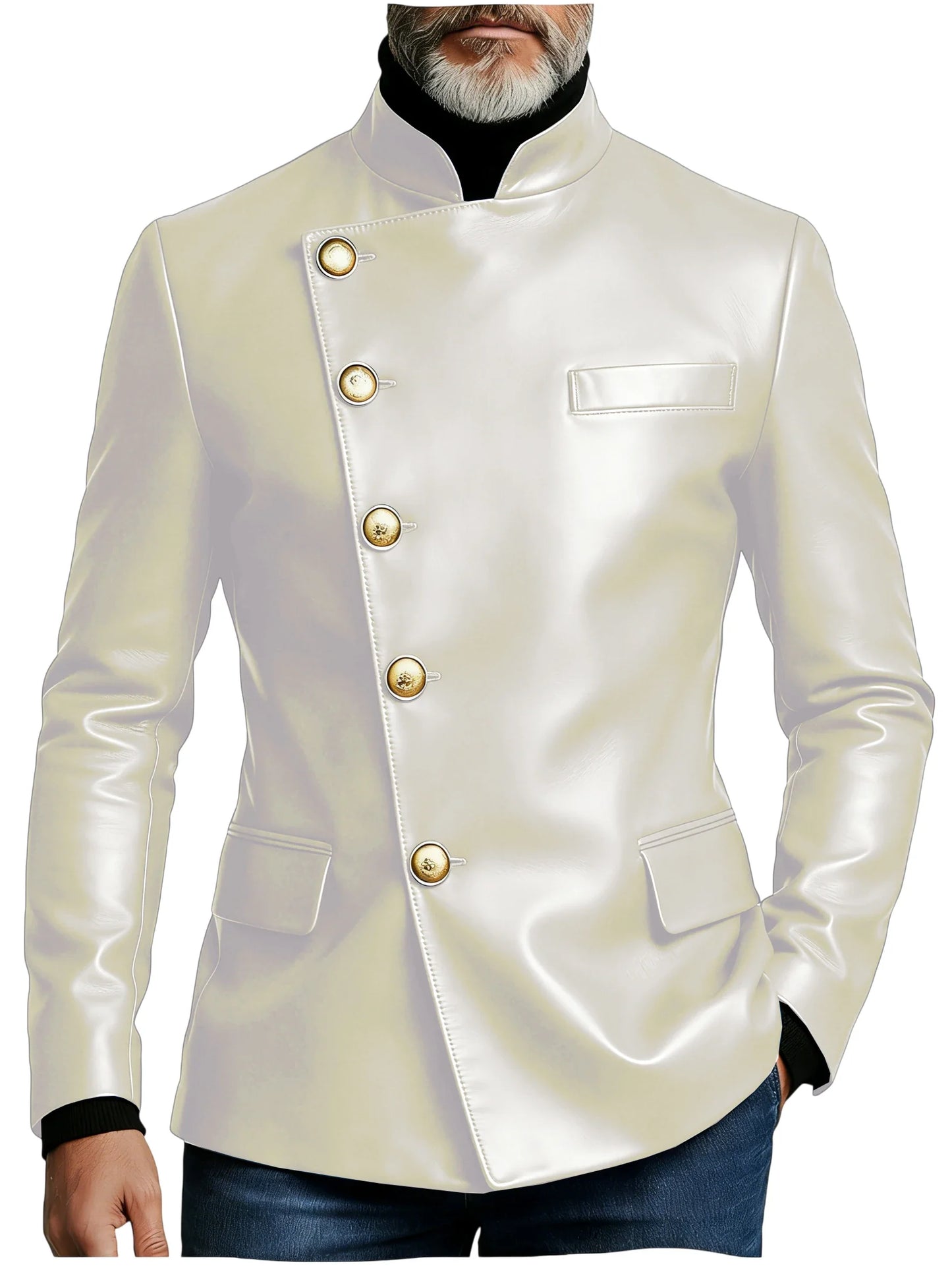 Vintage Men's PU Leather Blazer Slim Fit Double Breasted Stand Collar Jacket Gold Button Business Casual Wedding Prom Suit Coat