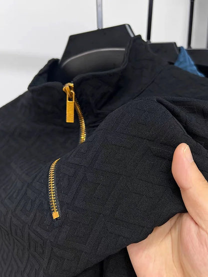 High end brand fashion jacquard long sleeve T-shirt men's casual sweater autumn trend Korean style half zipper collar pullover