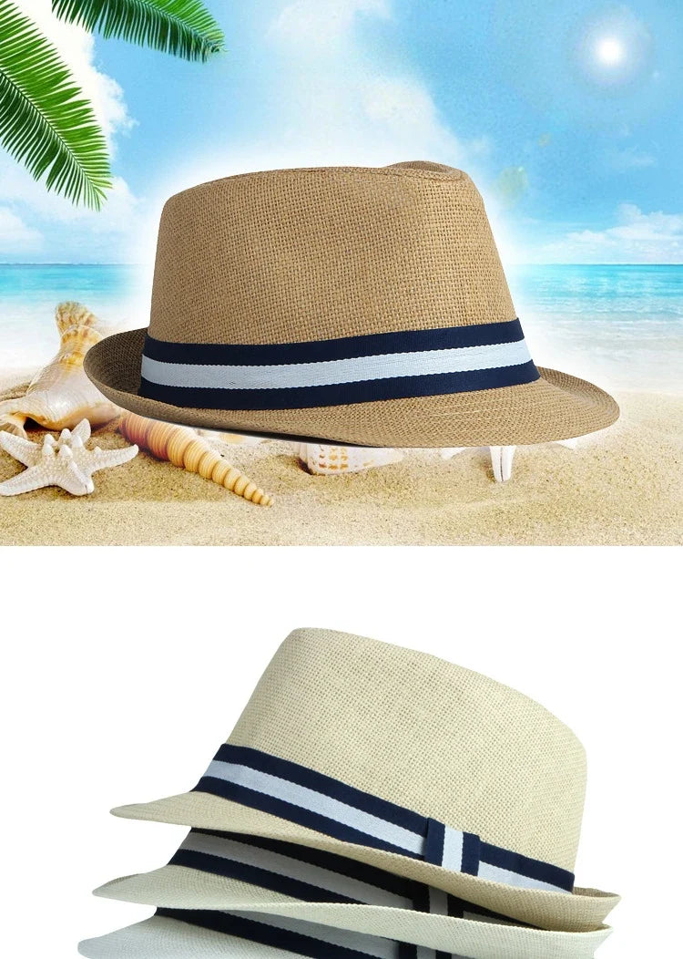 Summer Men's Jazz Hat British Retro Spy Hat Beach Casual Straw Woven Small Top Hat Female Stripe Belt Fedoras Hat Panama Cap