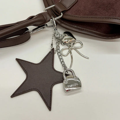 Vintage Frosted Tote Bag Casual Students Purse Large Capacity Shoulder Bag Polka Dot Drawstring Zipper Handbag With Star Pendant