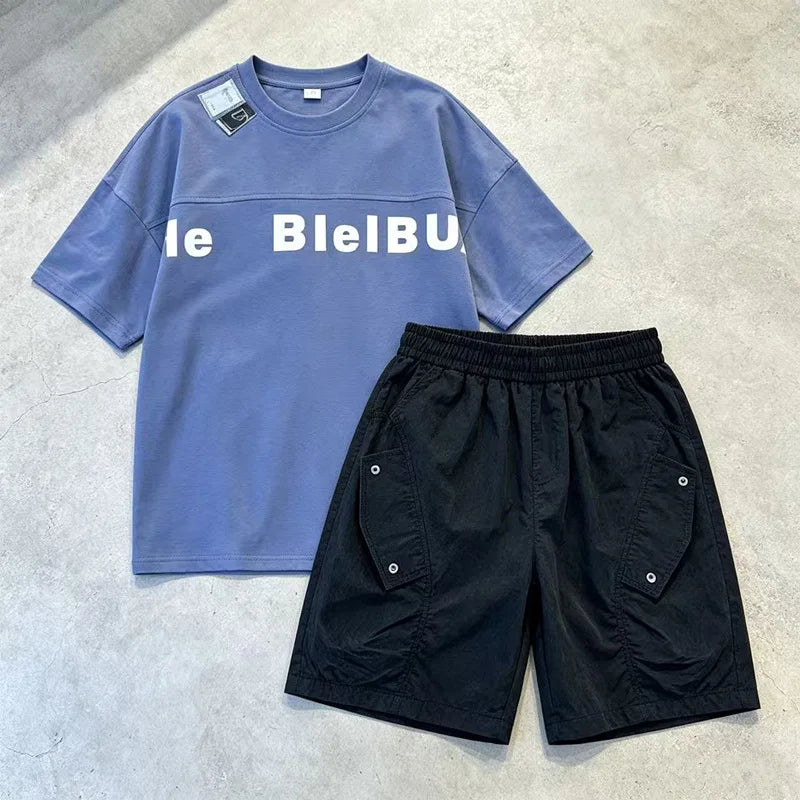 New Casual Boys Top and Bottom Clothes Set Summer Suit for Tween Children Clothing Kids Teenager Shorts Sleeve Tshirt Shorts Set