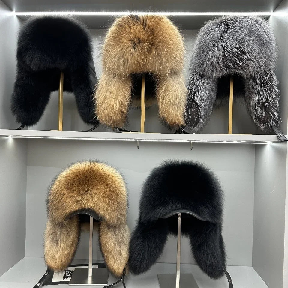 100% genuine fox fur ear-protecting hat Men real raccoon fur bomber hat Women winter warm fur real sheep leather snow hat