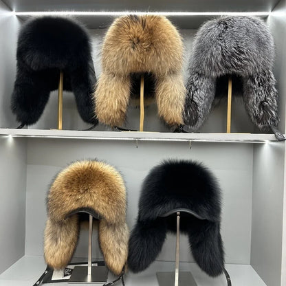 100% genuine fox fur ear-protecting hat Men real raccoon fur bomber hat Women winter warm fur real sheep leather snow hat