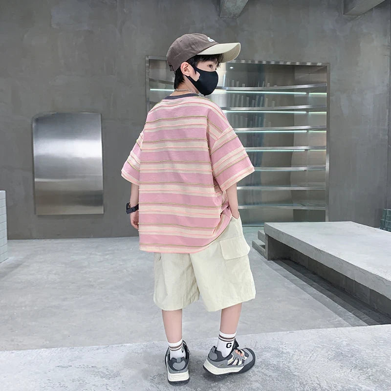 Children Summer Pink Blue Striped Suit Top and Bottom Clothes Set For Teen Boy New Fashion Tracksuit Outfit Kids Casual Clothing