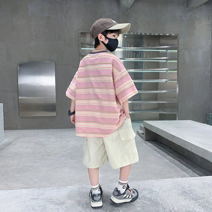 Children Summer Pink Blue Striped Suit Top and Bottom Clothes Set For Teen Boy New Fashion Tracksuit Outfit Kids Casual Clothing