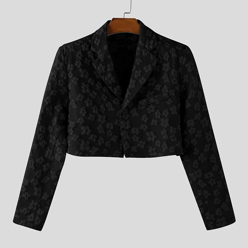 Men Blazer Flower Jacquard Lapel Long Sleeve Crop Coats Men Streetwear Autumn 2025 One Button Fashion Casual Male Suit