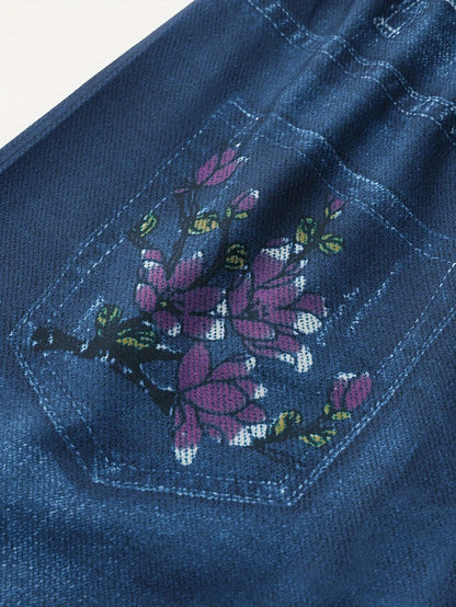 Floral Print Deep Blue Imitation Denim Slim Fitting Shorts For Women's Casual Leggings With High Elasticity And Comfort