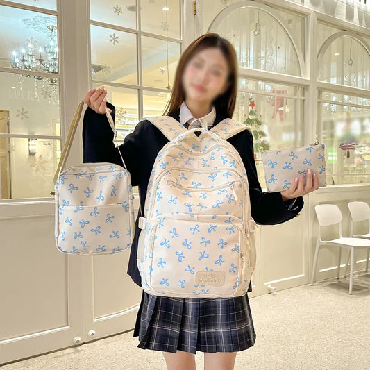 Korean Fashion Bow Print Women's Fashion Backpack Lightweight Simple Student Schoolbag Female Bag Set Three-Piece