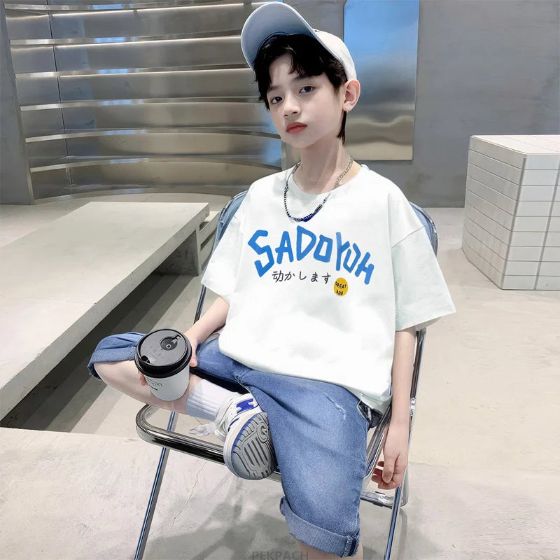 Summer Boys Clothes Set Tshirts + Denim Shorts 2PCS Sport Suit For Teenage Child Clothing Tracksuit Kids Short Sleeve Outerwear