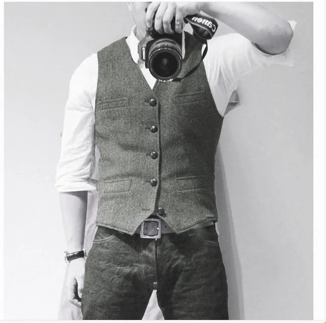 Mens Suit Vest Tweed Retro V Neck Wool Herringbone Waistcoat for Prom Single Breasted Males Dress Suit Vest Plus Size
