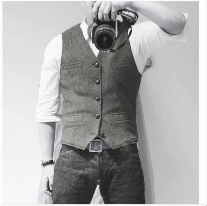 Mens Suit Vest Tweed Retro V Neck Wool Herringbone Waistcoat for Prom Single Breasted Males Dress Suit Vest Plus Size