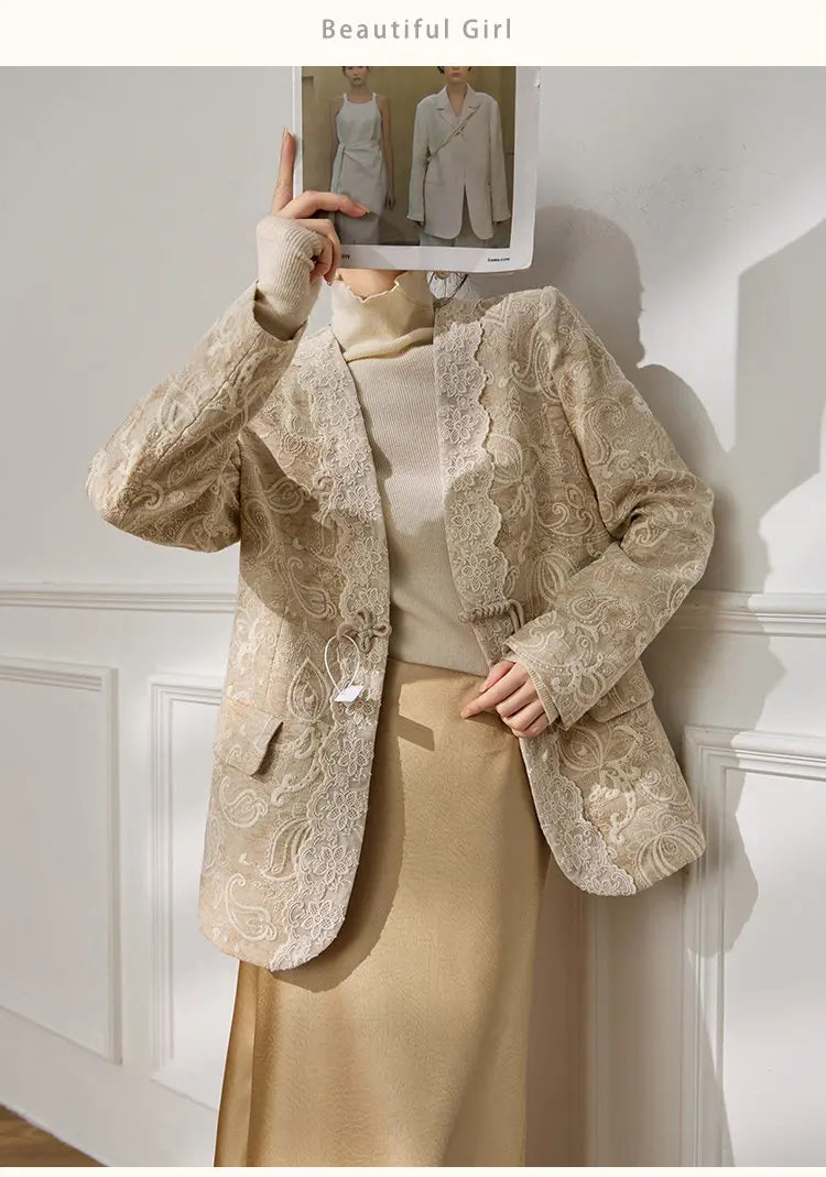 Women's Jacquard Blazer Lace Patchwork Frog Button Jacket Chinese Style Slim Fit Elegant Office Wear Spring Autumn Coat